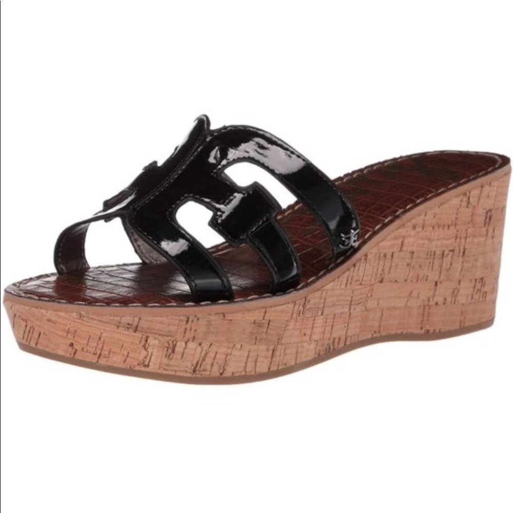 Sam Edelman Regis Cork Heeled Wedges Sandals Black Patent Vegan Leather: 8.5